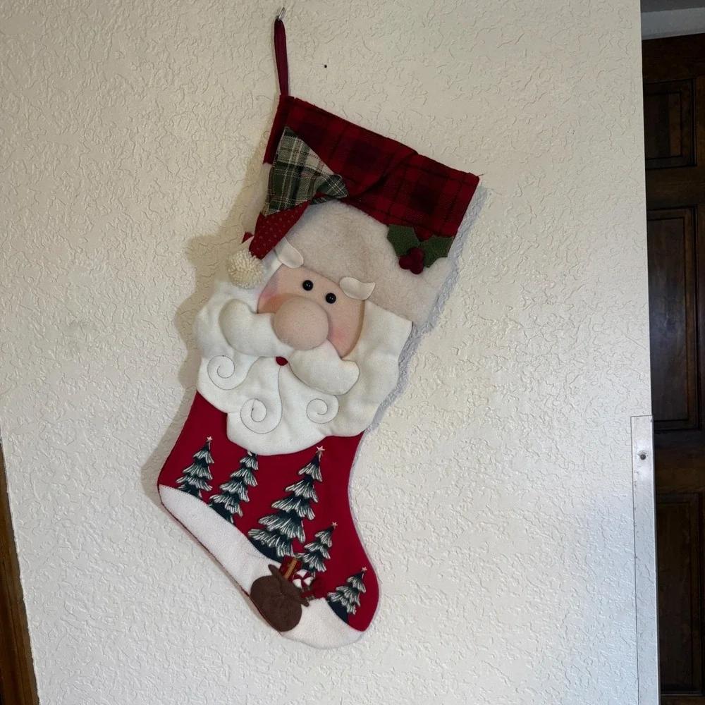 Dan Dee Christmas Stocking Santa Claus 3D Red Plaid Cuff Holiday‎ Decor Vintage